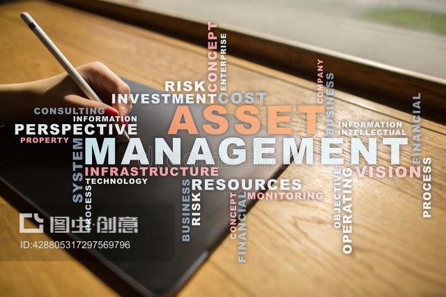 虚拟屏幕上的资产管理。商业概念。词云。Asset management on the virtual screen. Business concept. Words cloud.